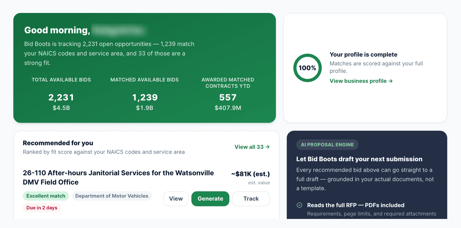 The Bid Boots dashboard. A summary shows 2,231 open bids, 1,239 of them matched to the business. Below it, a janitorial services bid is marked Excellent match, with buttons to view it, generate a proposal or track it.